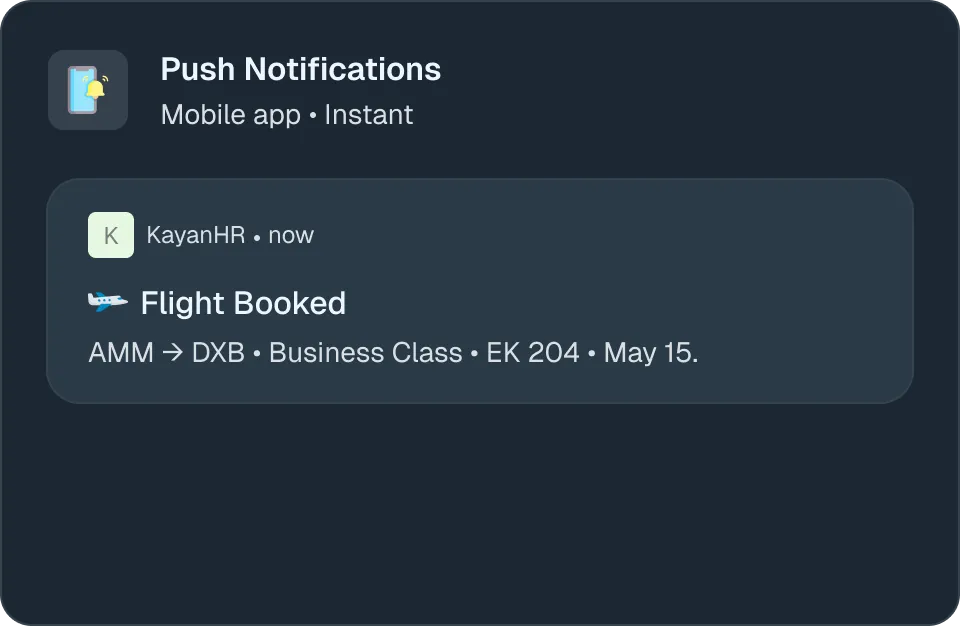 Mobile push notification for a business trip approval in KayanHR.