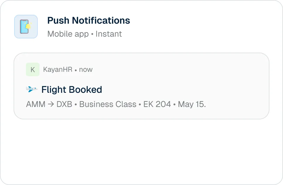 Mobile push notification for a business trip approval in KayanHR.